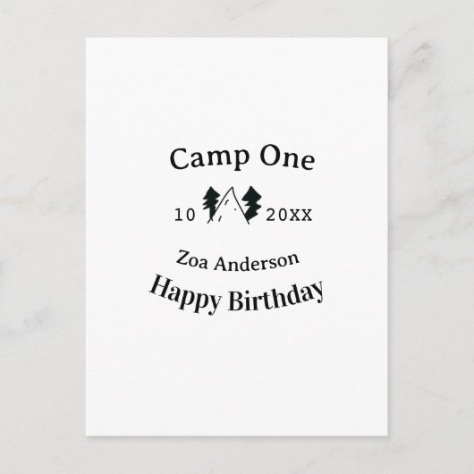 Camp one happy birthday name date campingadventure briefkaart (Voorkant)