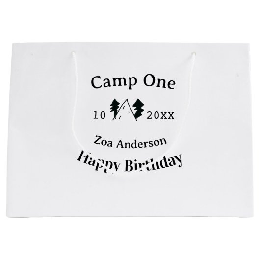 Camp one happy birthday name date campingadventure groot cadeauzakje (Voorkant)
