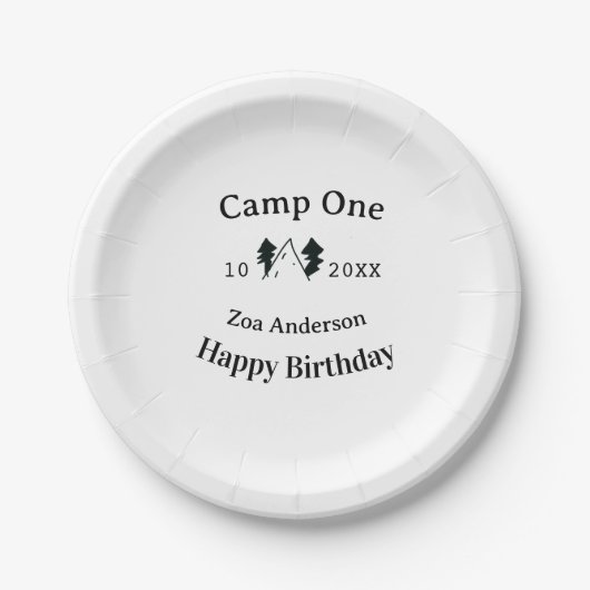 Camp one happy birthday name date campingadventure papieren bordje (Voorkant)