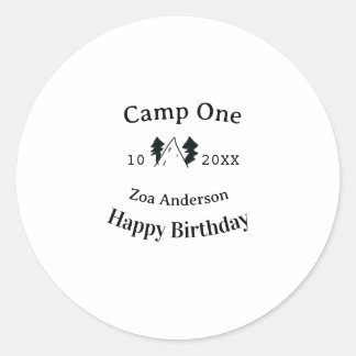 Camp one happy birthday name date campingadventure ronde sticker