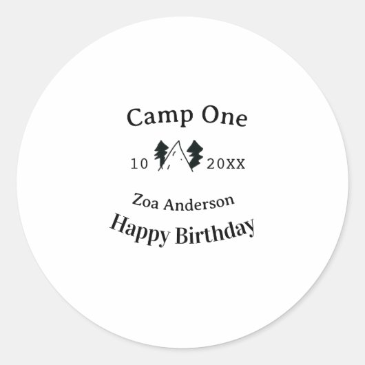 Camp one happy birthday name date campingadventure ronde sticker (Voorkant)