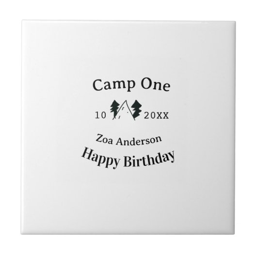 Camp one happy birthday name date campingadventure tegeltje (Voorkant)