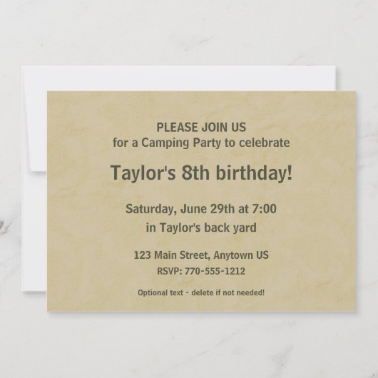 Camp Out Birthday Party Uitnodiging voor jongen of (Achterkant)