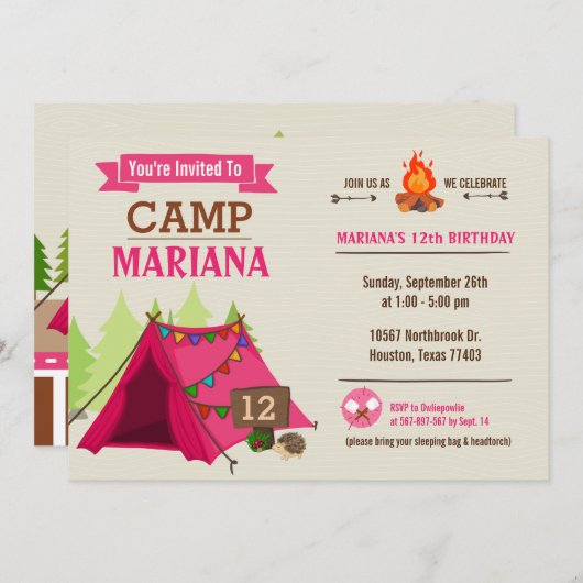 Camp out Glamping Birthday Party Invitation Kaart (Voorkant / Achterkant)