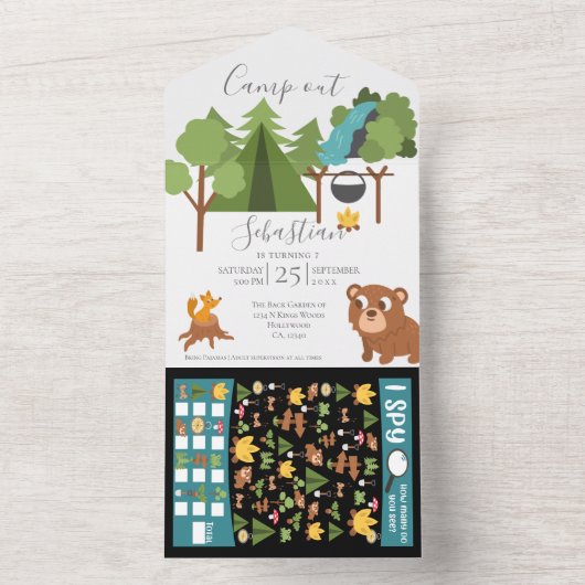 Camp out Out Party with Game on Back Uitnodiging (Binnen)