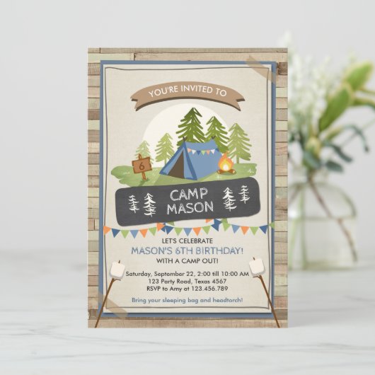 Camp out Tent Invitation Birthday Camp out Boy Kaart (Staand voorkant)