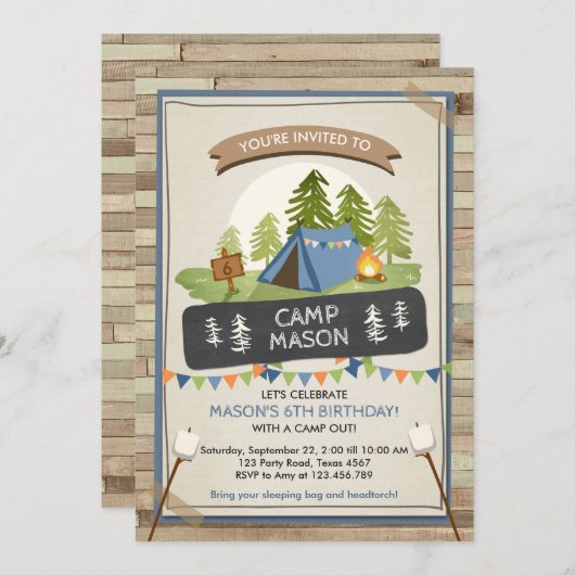 Camp out Tent Invitation Birthday Camp out Boy Kaart (Voorkant / Achterkant)