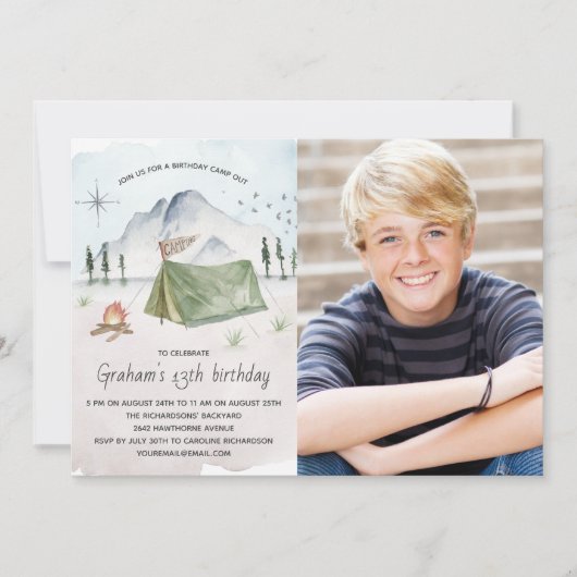 Camp Out Verjaardagsfeest Foto Kaart (Voorkant)