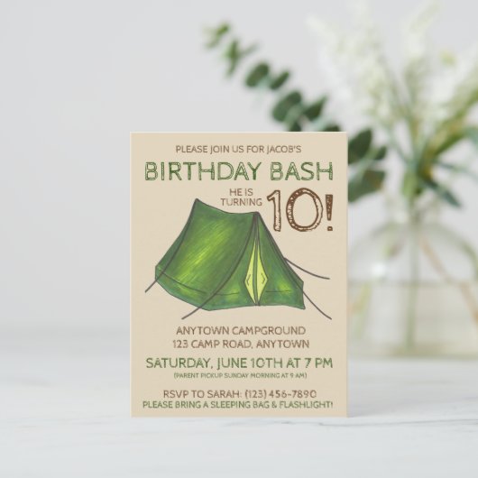 Camp Tent Sleepover Camping Birthday Bash Uitnodiging Briefkaart (Staand voorkant)