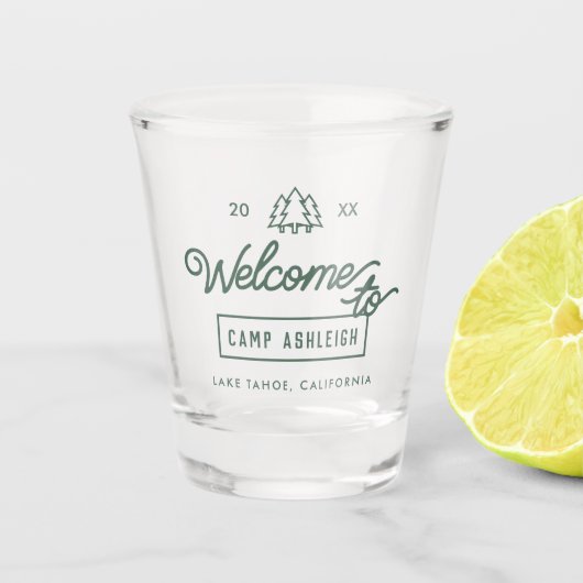 Camp thema vrijgezellenfeest shot glas (Voorkant)