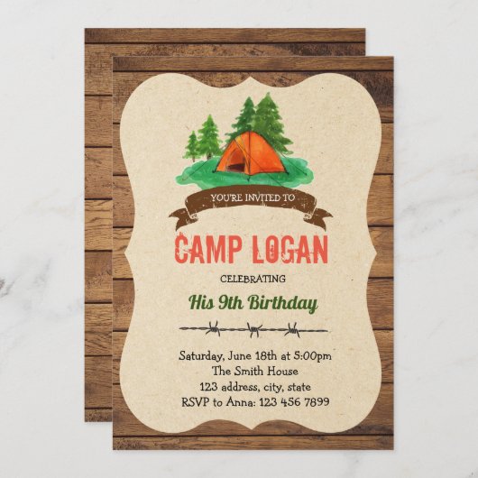 Camp verjaardagsfeest kaart (Voorkant / Achterkant)