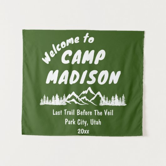 Camp Vrijgezellenfeest Bach Berg Camping Prop Sign Wandkleed (Voorkant (horizontaal))