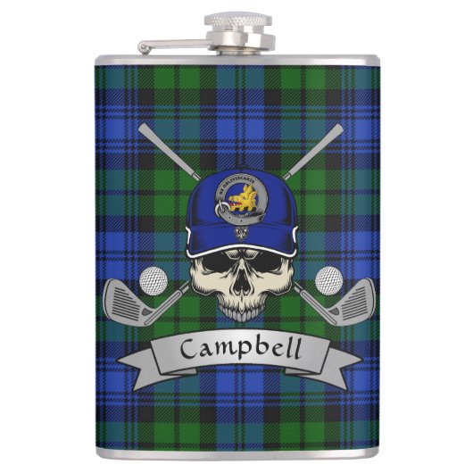 Campbell Badge & Tartan Personalized Skull Golf Heupfles (Voorkant)
