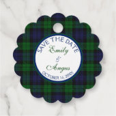 Campbell Black Horloge Tartan Bruiloft Save a Date Bedankjes Labels (Achterkant)