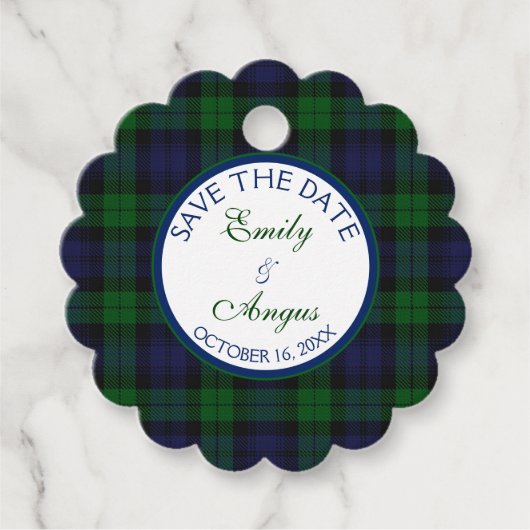 Campbell Black Horloge Tartan Bruiloft Save a Date Bedankjes Labels (Voorkant)