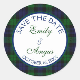 Campbell Black Horloge Tartan Bruiloft Save a Date Ronde Sticker