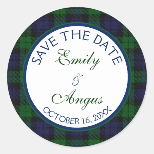 Campbell Black Horloge Tartan Bruiloft Save a Date Ronde Sticker (Voorkant)