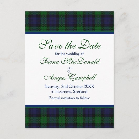 Campbell Black Watch Tartan Weddenschap Save the D Aankondigingskaart (Voorkant)
