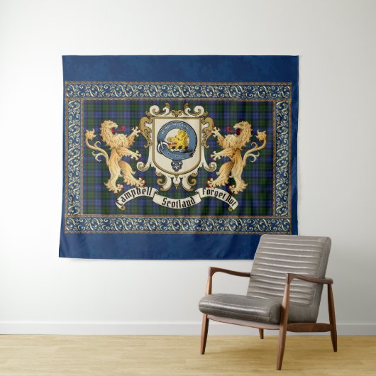 Campbell Clan Badge & Tartan w/Lions Tapestry Wandkleed (In Situ (horizontaal))