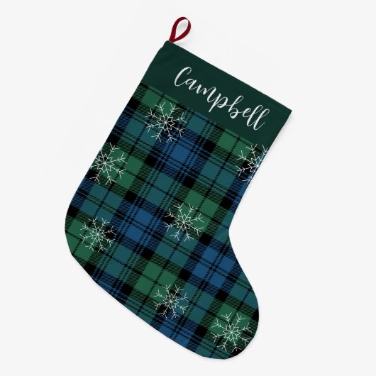 Campbell Tartan Groen Blauw Sneeuwvlokken Rustiek  Grote Kerstsok (Voorkant (Hangend))