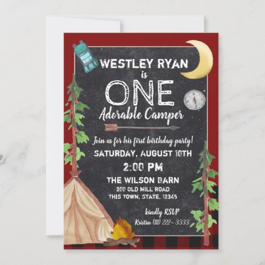 Camper Buffalo Plaid 1e Verjaardag Camping Kaart (Voorkant)