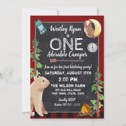 Camper Buffalo Plaid 1e Verjaardag Camping Kaart (Voorkant)