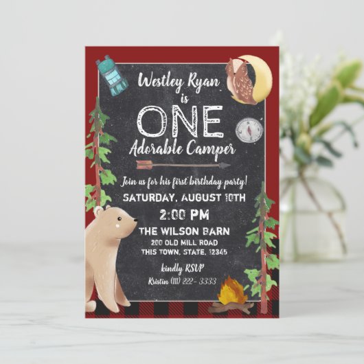 Camper Buffalo Plaid 1e Verjaardag Camping Kaart (Staand voorkant)