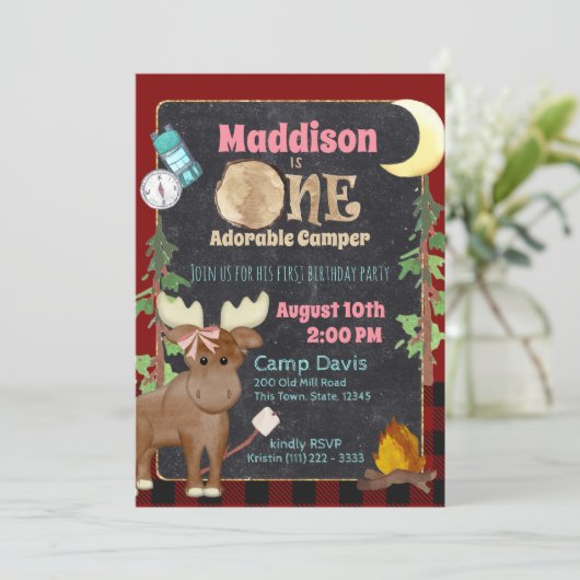 Camper Buffalo Plaid 1e Verjaardag Camping Kaart (Staand voorkant)