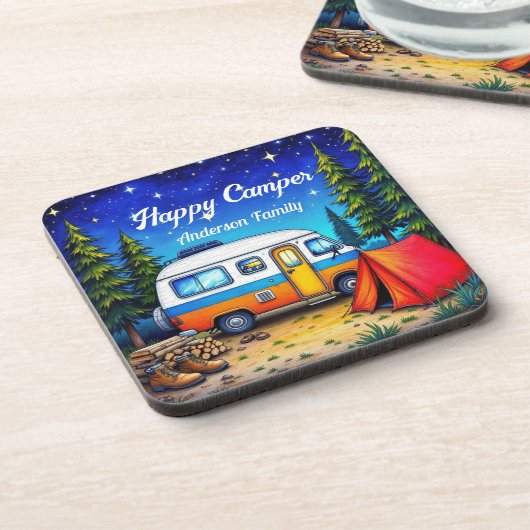 Camper Camping Blauw Groen Natuur Waterverf Bier Onderzetter (Linkerzijde)