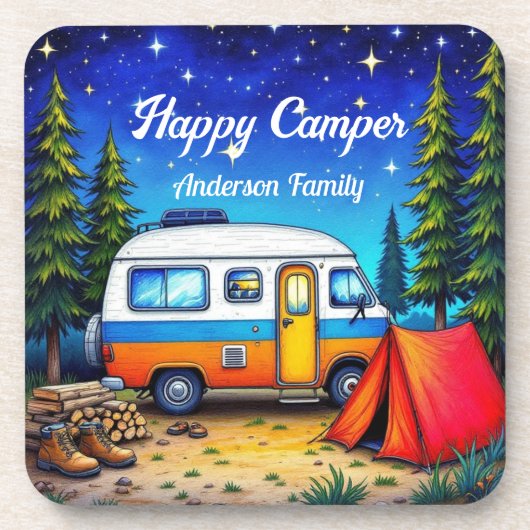 Camper Camping Blauw Groen Natuur Waterverf Bier Onderzetter (Voorkant)