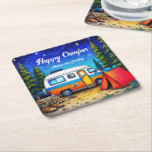 Camper Camping Blauw Groen Natuur Waterverf Kartonnen Onderzetters (Schuin)