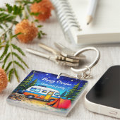 Camper Camping Blauw Groen Natuur Waterverf Sleutelhanger (Voorkant Rechts)