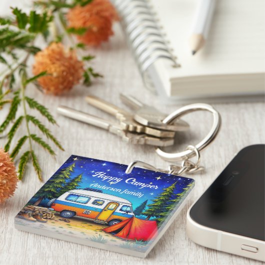 Camper Camping Blauw Groen Natuur Waterverf Sleutelhanger (Voorkant Rechts)