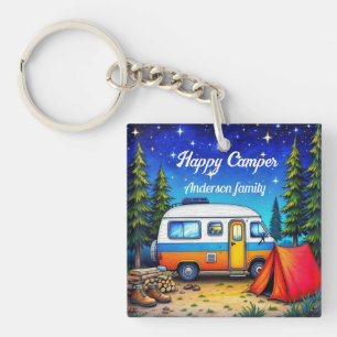 Camper Camping Blauw Groen Natuur Waterverf Sleutelhanger