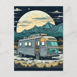  camper in de bergen met volle maan briefkaart
