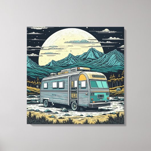  camper in de bergen met volle maan canvas afdruk (Voorkant)