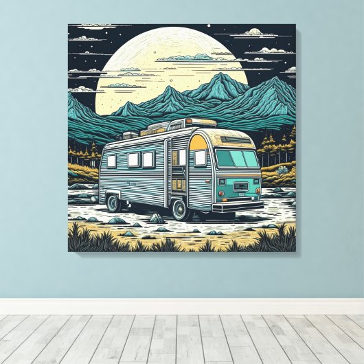 camper in de bergen met volle maan canvas afdruk (Insitu (Houten vloer))