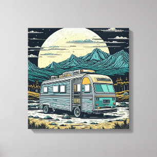 camper in de bergen met volle maan canvas afdruk
