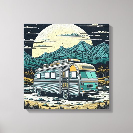  camper in de bergen met volle maan canvas afdruk (Voorkant)