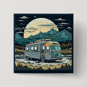 camper in de bergen met volle maan vierkante button 5,1 cm