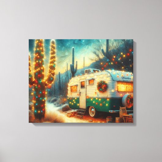  Camper Kerst in Desert Saguaro Cactus Canvas Afdruk (Voorkant)