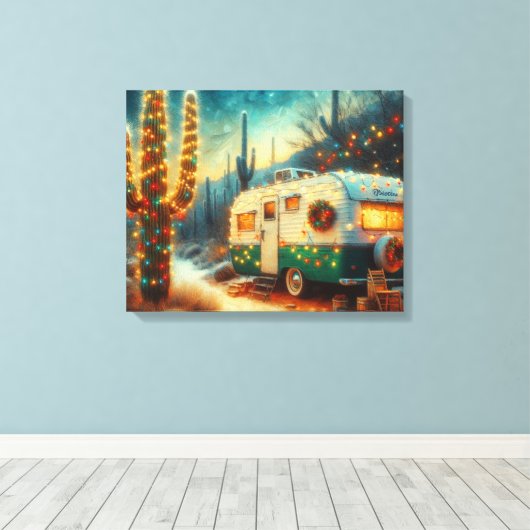  Camper Kerst in Desert Saguaro Cactus Canvas Afdruk (Insitu (Houten vloer))
