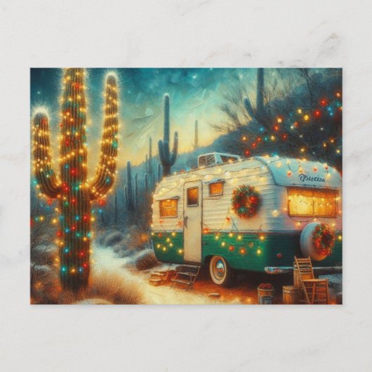  Camper Kerst in Desert Saguaro Cactus Feestdagenkaart (Voorkant)