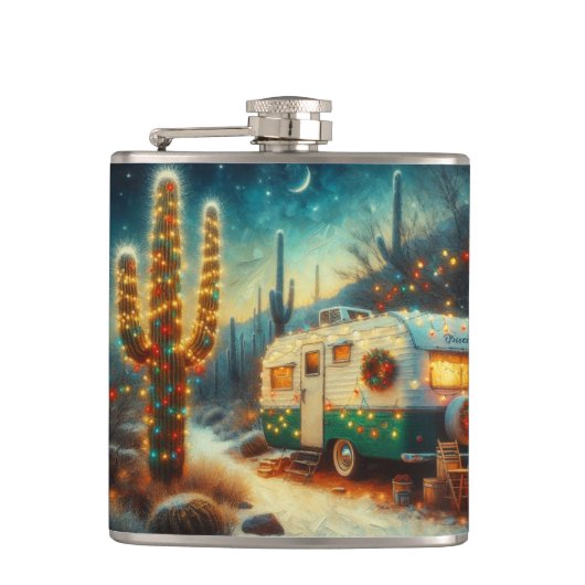 Camper Kerst in Desert Saguaro Cactus Heupfles (Voorkant)