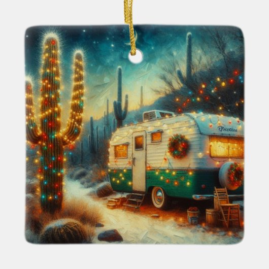  Camper Kerst in Desert Saguaro Cactus Keramisch Ornament (Voorkant)
