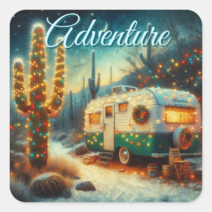  Camper Kerst in Desert Saguaro Cactus Vierkante Sticker