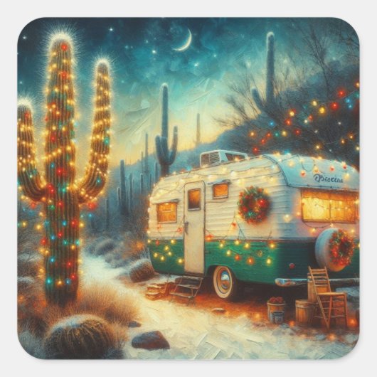 Camper Kerst in Desert Saguaro Cactus Vierkante Sticker (Voorkant)
