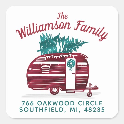  Camper Kerstboom Monogram Adres Vierkante Sticker (Voorkant)