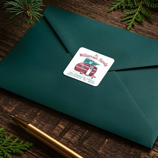 Camper Kerstboom Monogram Adres Vierkante Sticker
