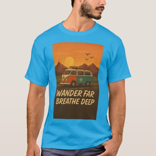 camper met zonsondergang en avontuurlijke quote t-shirt (Voorkant)
